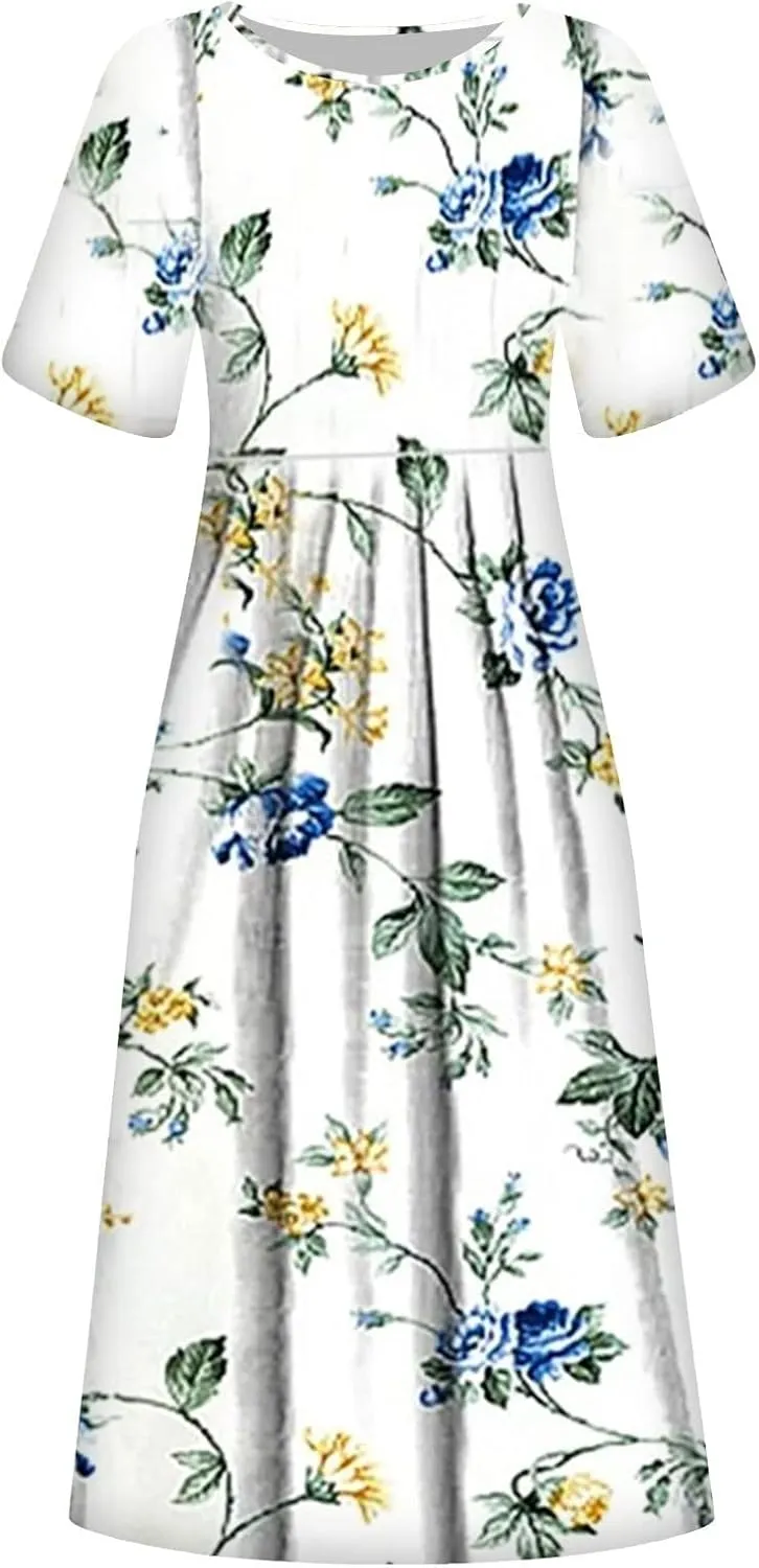Summer Dresses for Women 2024 Boho Floral Dress Short Sleeve Flowy A Line Swing Midi Dresses Cruise Beach Vacation Sundresses