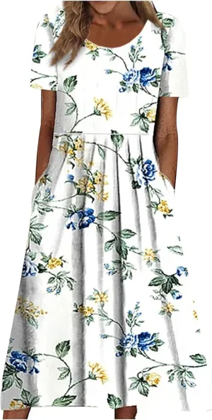 Summer Dresses for Women 2024 Boho Floral Dress Short Sleeve Flowy A Line Swing Midi Dresses Cruise Beach Vacation Sundresses