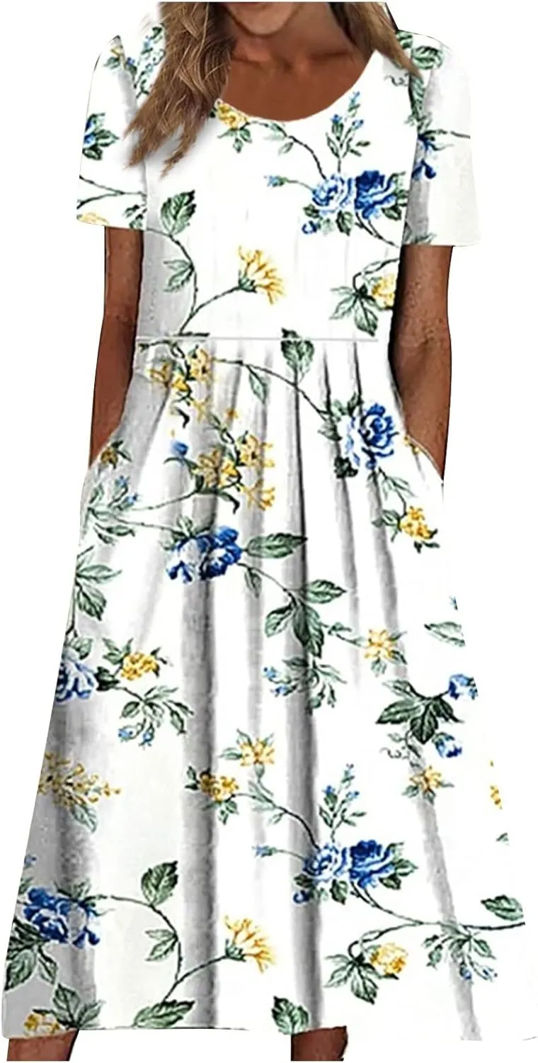 Summer Dresses for Women 2024 Boho Floral Dress Short Sleeve Flowy A Line Swing Midi Dresses Cruise Beach Vacation Sundresses