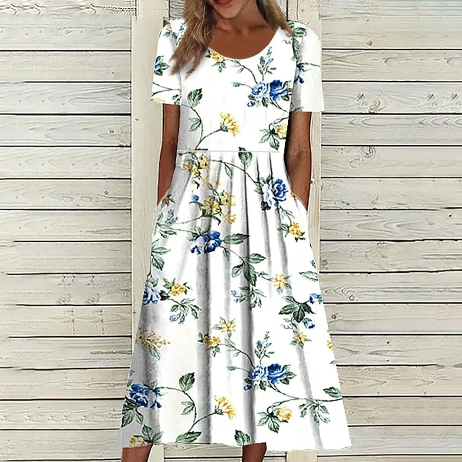 Summer Dresses for Women 2024 Boho Floral Dress Short Sleeve Flowy A Line Swing Midi Dresses Cruise Beach Vacation Sundresses