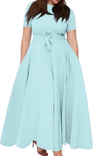 Summer Dresses for Women 2025 Casual Fashion Large Size Solid Color Round Neck Short Sleeve Pocket Big Swing Dress