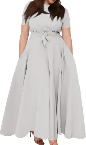 Summer Dresses for Women 2025 Casual Fashion Large Size Solid Color Round Neck Short Sleeve Pocket Big Swing Dress