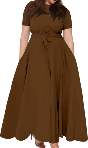 Summer Dresses for Women 2025 Casual Fashion Large Size Solid Color Round Neck Short Sleeve Pocket Big Swing Dress
