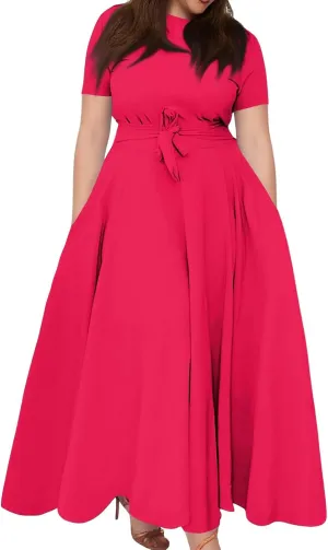 Summer Dresses for Women 2025 Casual Fashion Large Size Solid Color Round Neck Short Sleeve Pocket Big Swing Dress
