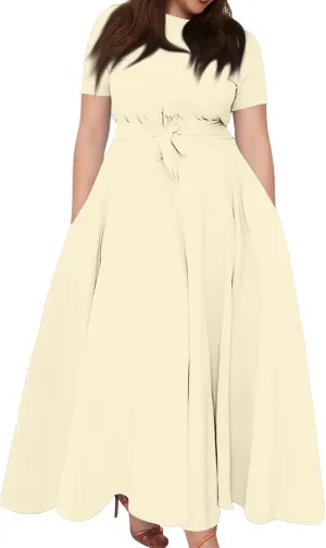 Summer Dresses for Women 2025 Casual Fashion Large Size Solid Color Round Neck Short Sleeve Pocket Big Swing Dress
