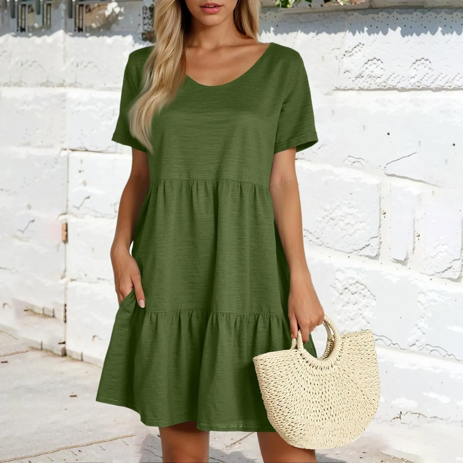 Summer Dresses for Women 2025 Casual Fashion Round Neck Short Sleeve Solid Color Beach Dress