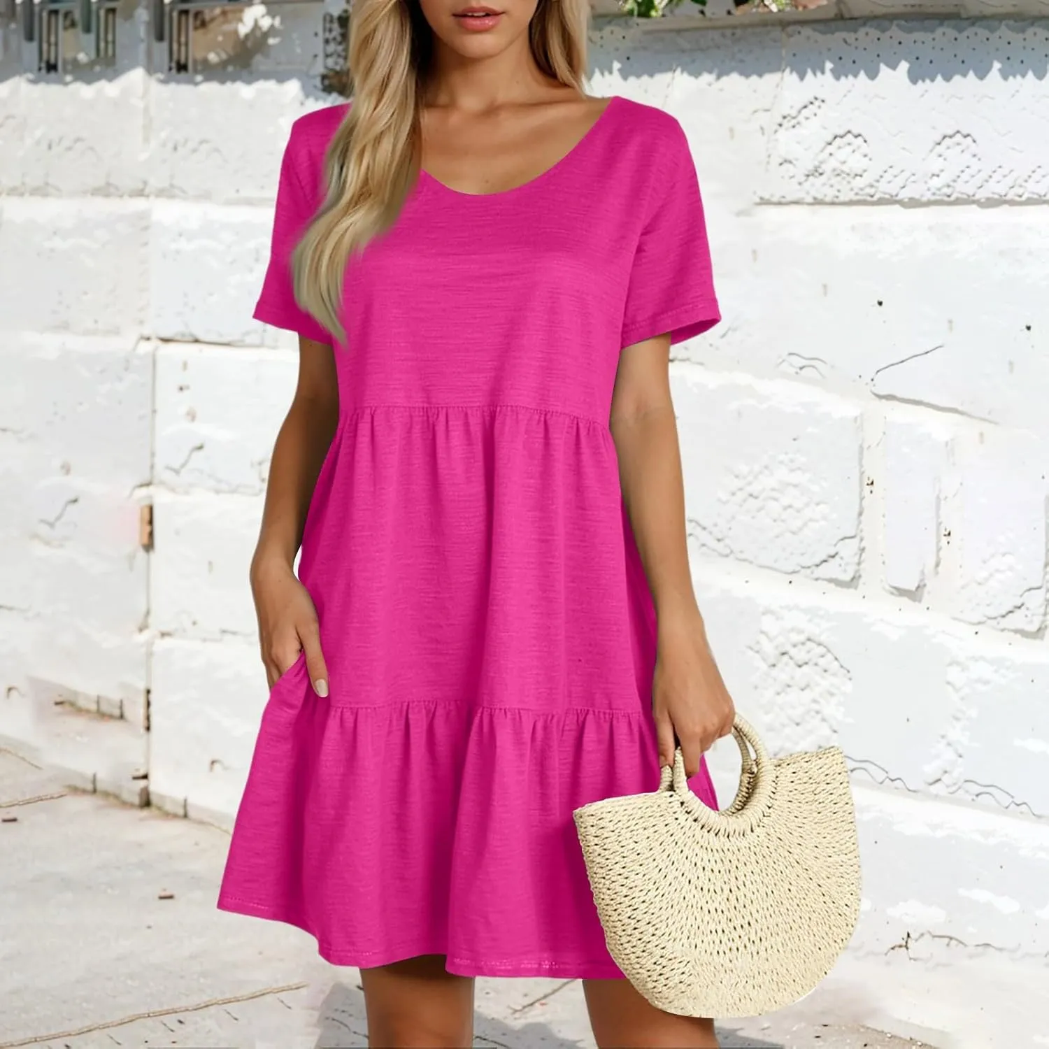 Summer Dresses for Women 2025 Casual Fashion Round Neck Short Sleeve Solid Color Beach Dress