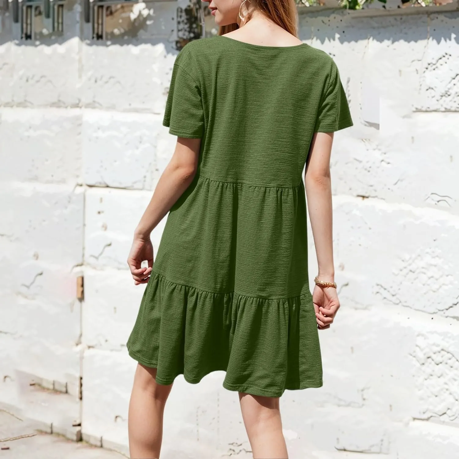 Summer Dresses for Women 2025 Casual Fashion Round Neck Short Sleeve Solid Color Beach Dress