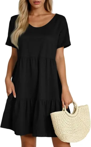 Summer Dresses for Women 2025 Casual Fashion Round Neck Short Sleeve Solid Color Beach Dress