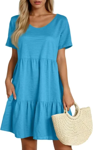 Summer Dresses for Women 2025 Casual Fashion Round Neck Short Sleeve Solid Color Beach Dress
