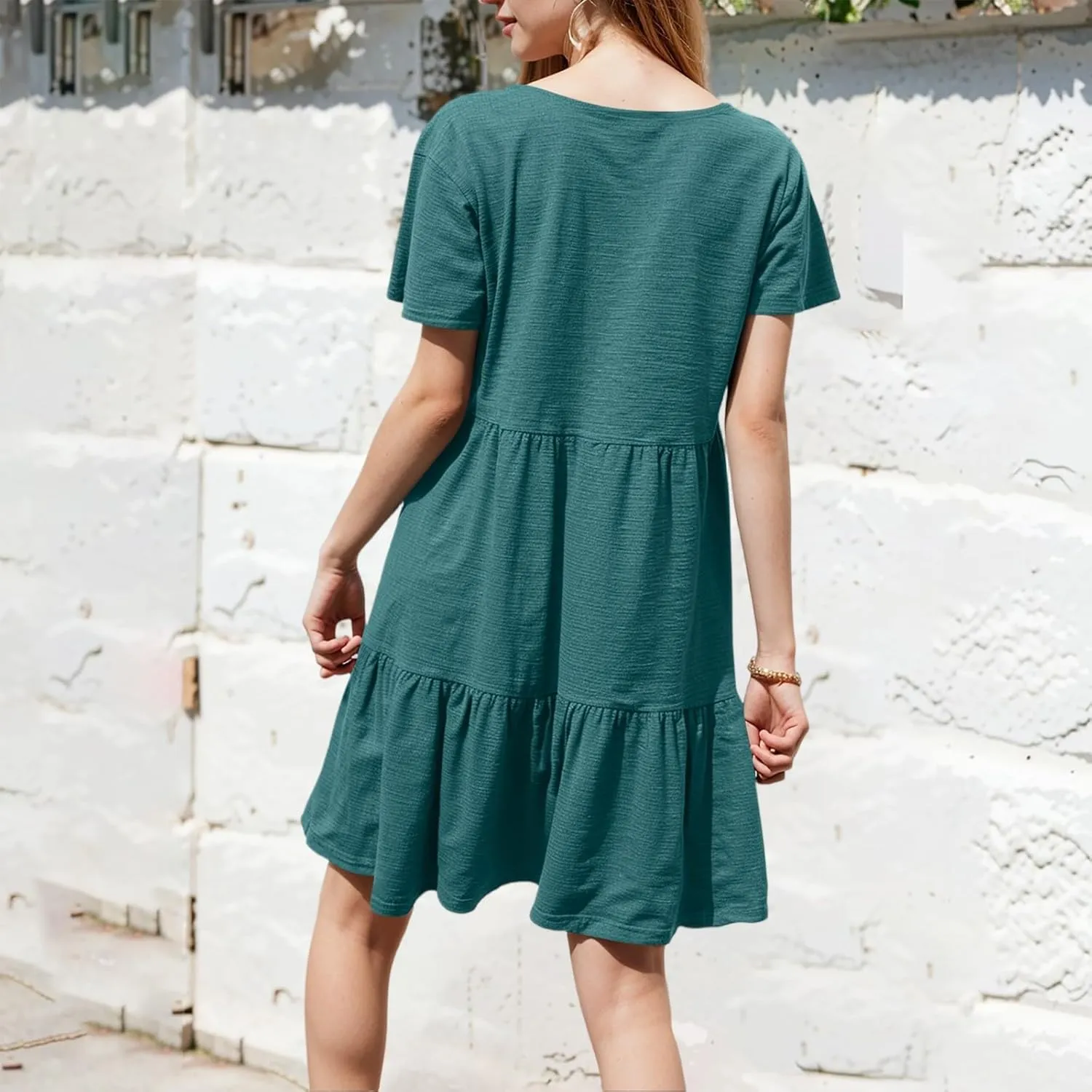 Summer Dresses for Women 2025 Casual Fashion Round Neck Short Sleeve Solid Color Beach Dress