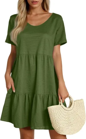 Summer Dresses for Women 2025 Casual Fashion Round Neck Short Sleeve Solid Color Beach Dress