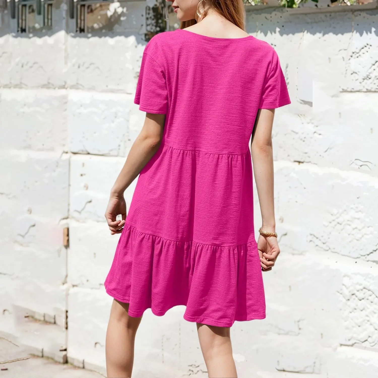 Summer Dresses for Women 2025 Casual Fashion Round Neck Short Sleeve Solid Color Beach Dress