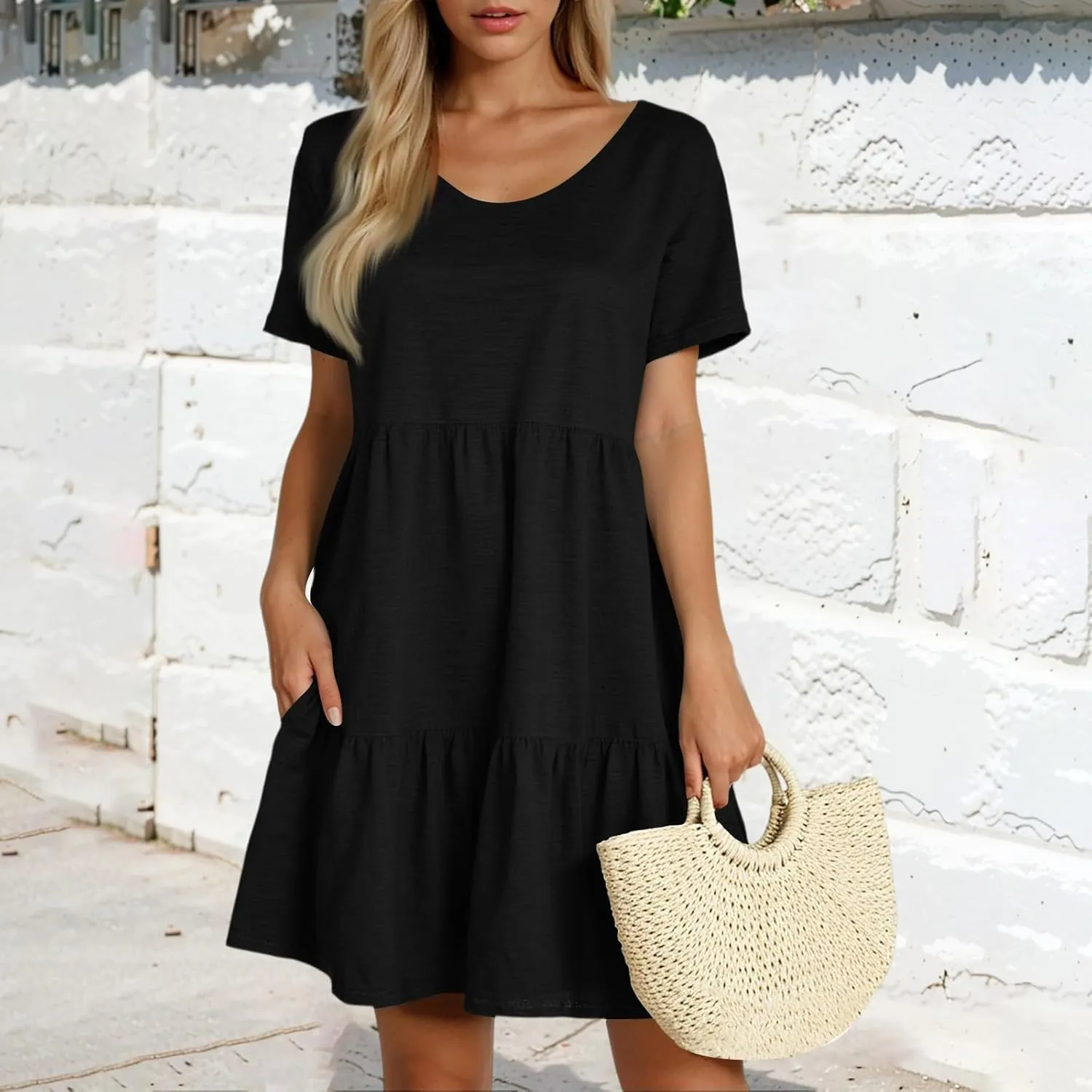 Summer Dresses for Women 2025 Casual Fashion Round Neck Short Sleeve Solid Color Beach Dress