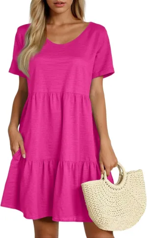 Summer Dresses for Women 2025 Casual Fashion Round Neck Short Sleeve Solid Color Beach Dress
