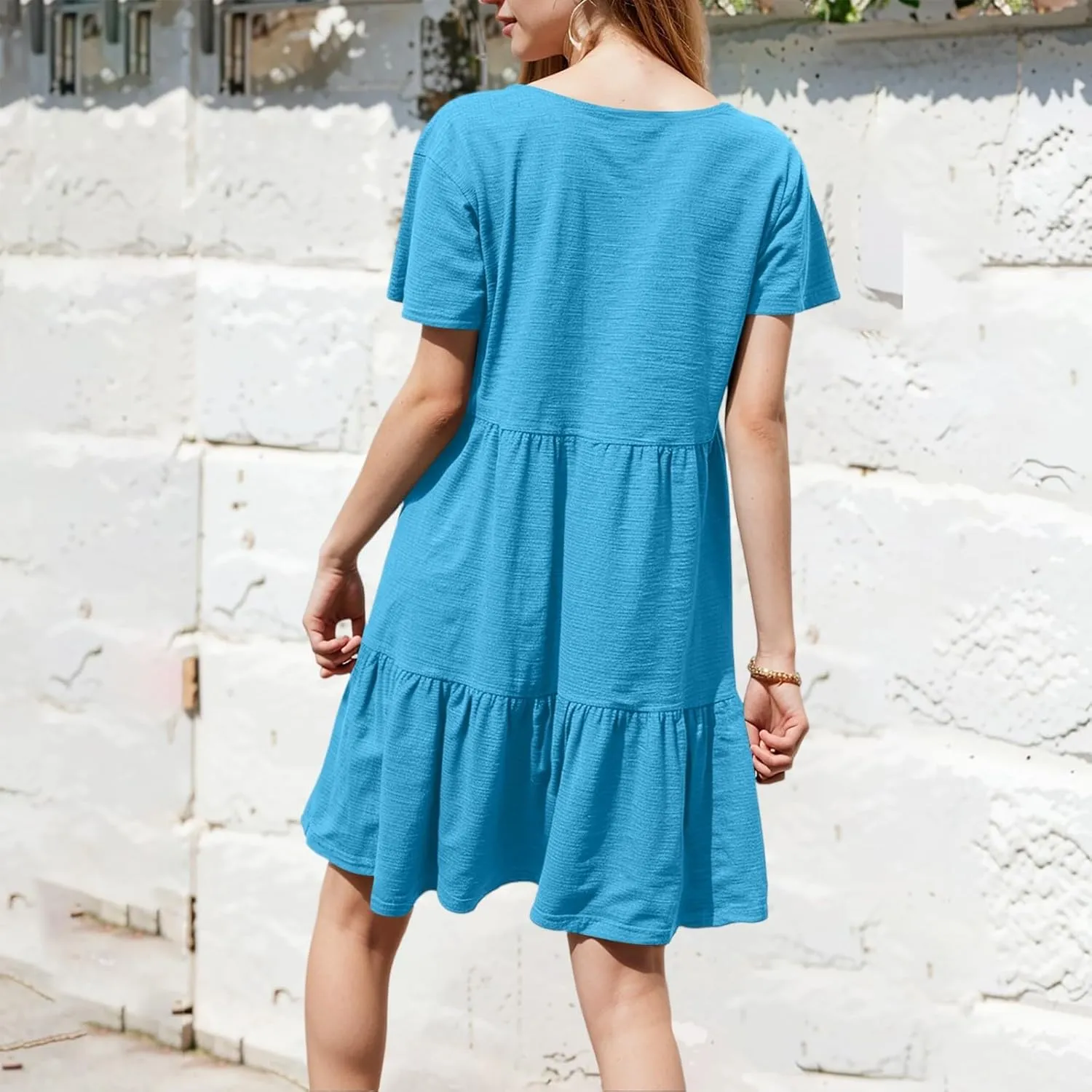 Summer Dresses for Women 2025 Casual Fashion Round Neck Short Sleeve Solid Color Beach Dress