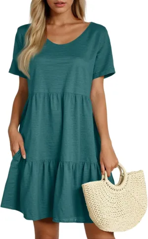 Summer Dresses for Women 2025 Casual Fashion Round Neck Short Sleeve Solid Color Beach Dress