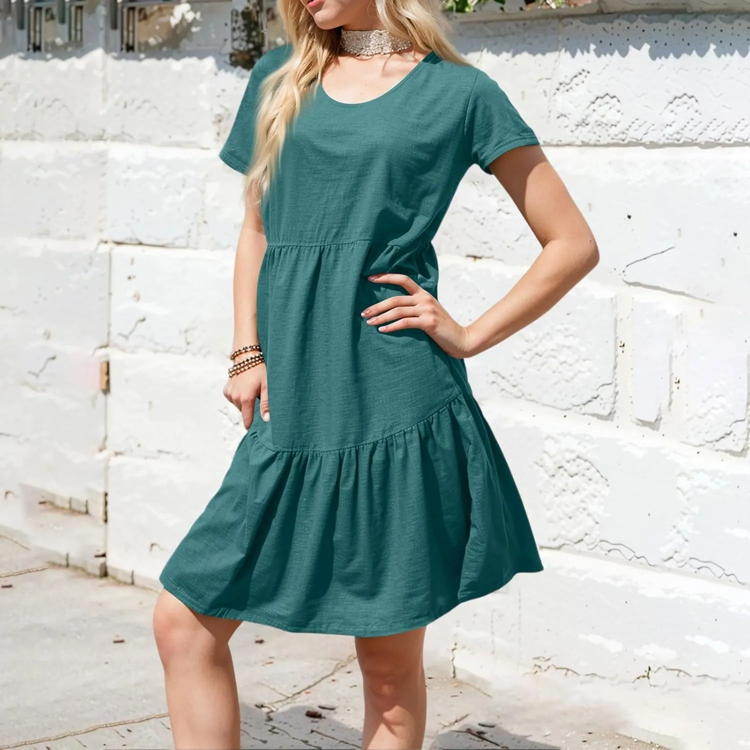 Summer Dresses for Women 2025 Casual Fashion Round Neck Short Sleeve Solid Color Beach Dress