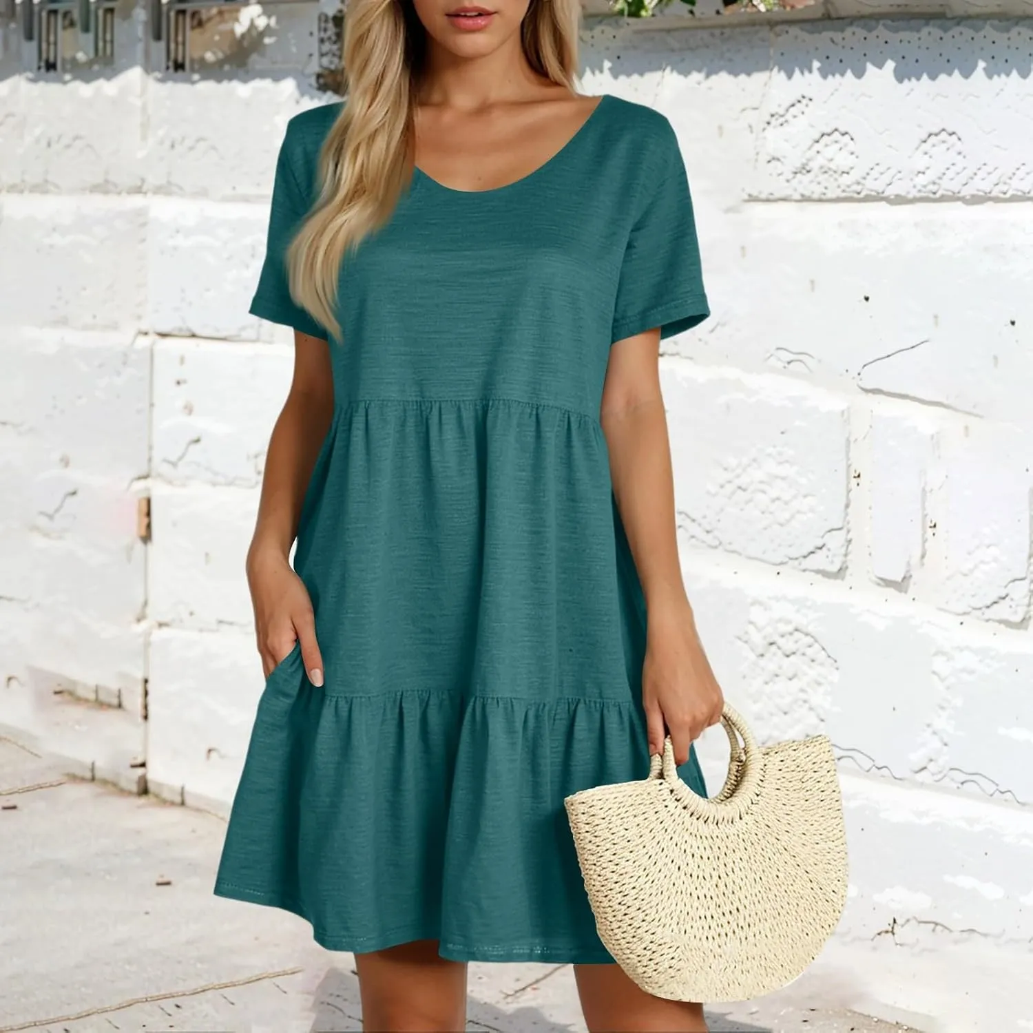 Summer Dresses for Women 2025 Casual Fashion Round Neck Short Sleeve Solid Color Beach Dress