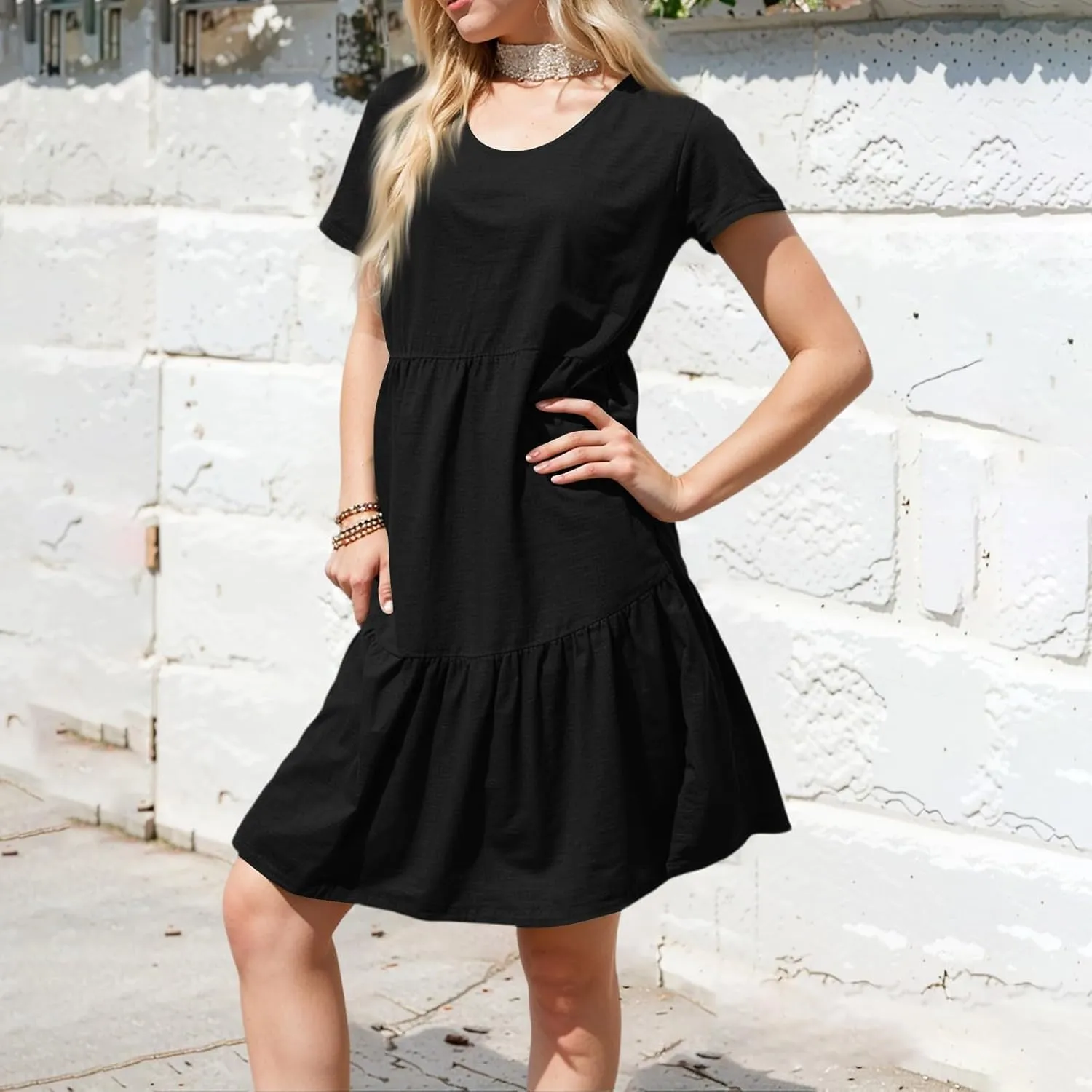 Summer Dresses for Women 2025 Casual Fashion Round Neck Short Sleeve Solid Color Beach Dress