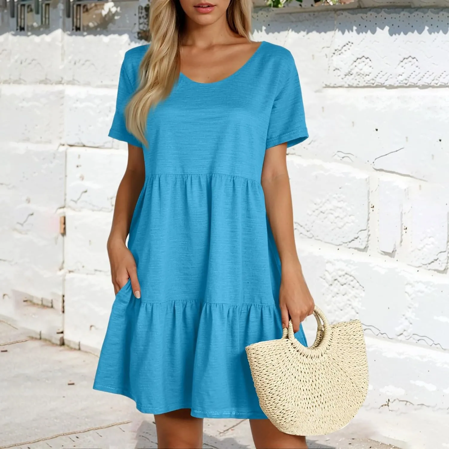 Summer Dresses for Women 2025 Casual Fashion Round Neck Short Sleeve Solid Color Beach Dress