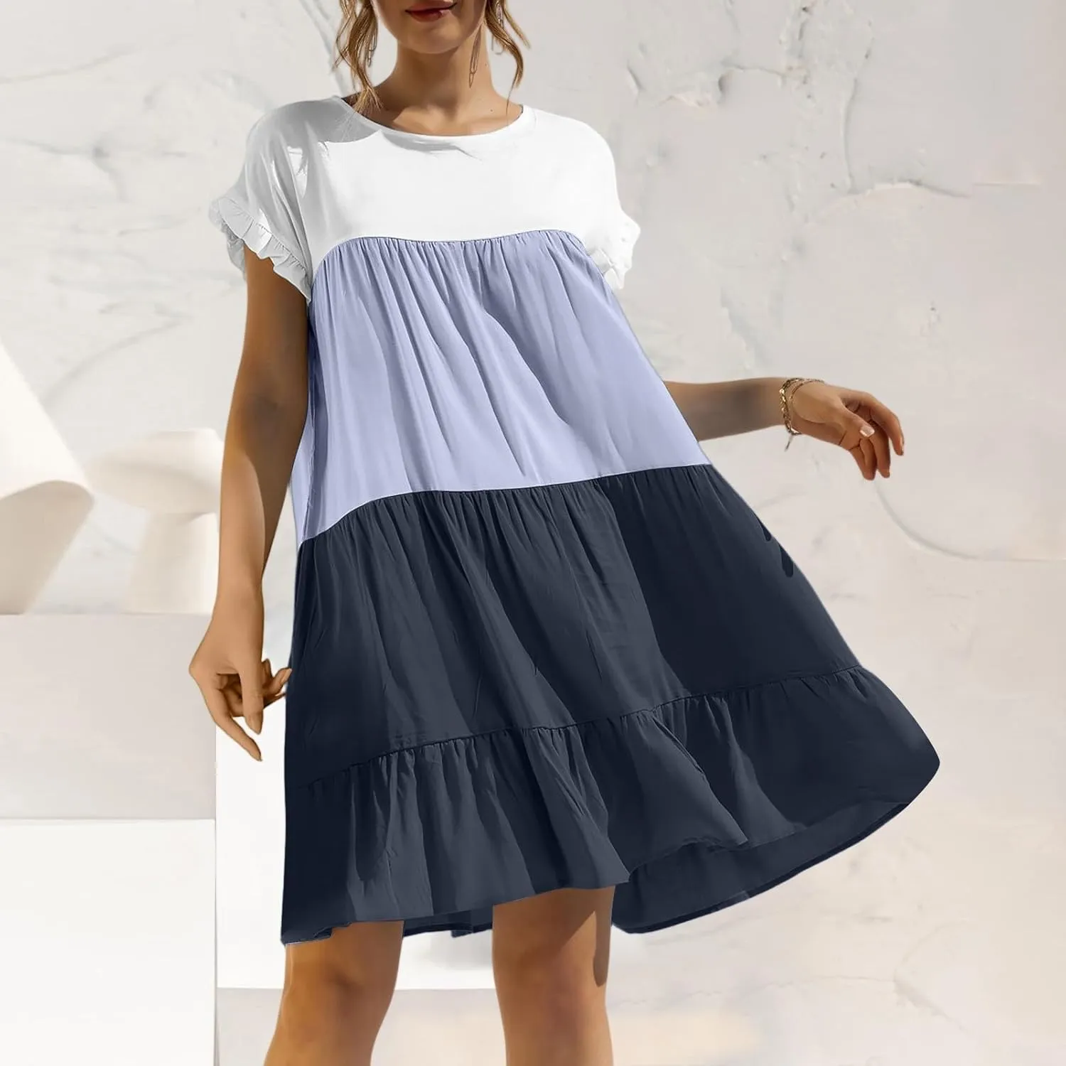 Summer Dresses for Women 2025 Casual Fashion Round Neck Short Sleeve Solid Color Splicing T Shirt Dress