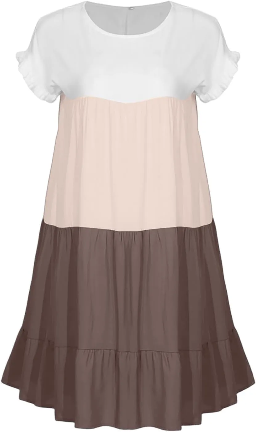 Summer Dresses for Women 2025 Casual Fashion Round Neck Short Sleeve Solid Color Splicing T Shirt Dress