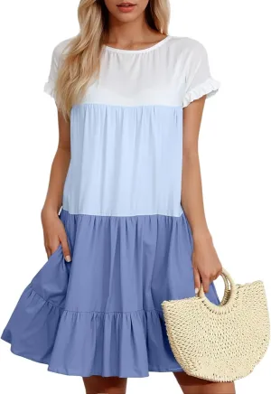 Summer Dresses for Women 2025 Casual Fashion Round Neck Short Sleeve Solid Color Splicing T Shirt Dress