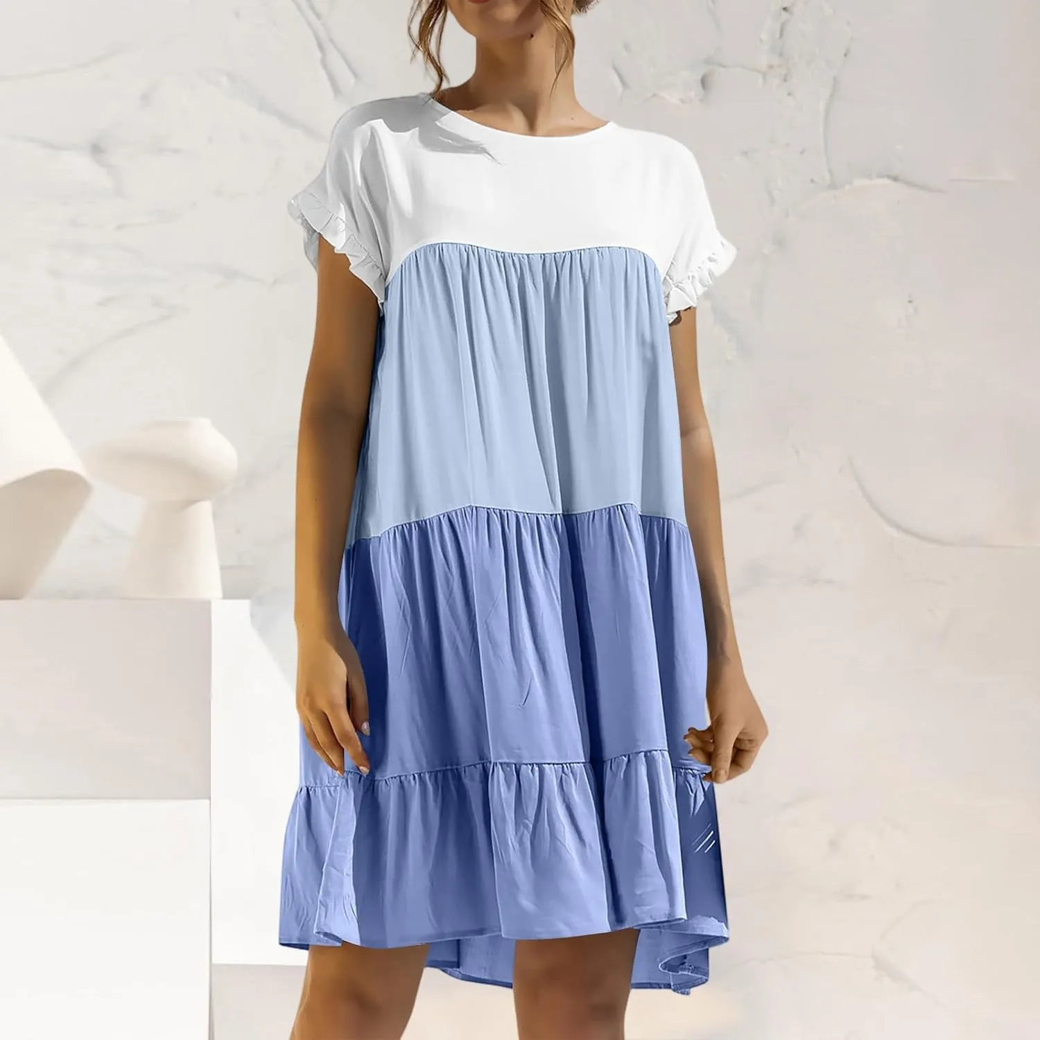 Summer Dresses for Women 2025 Casual Fashion Round Neck Short Sleeve Solid Color Splicing T Shirt Dress