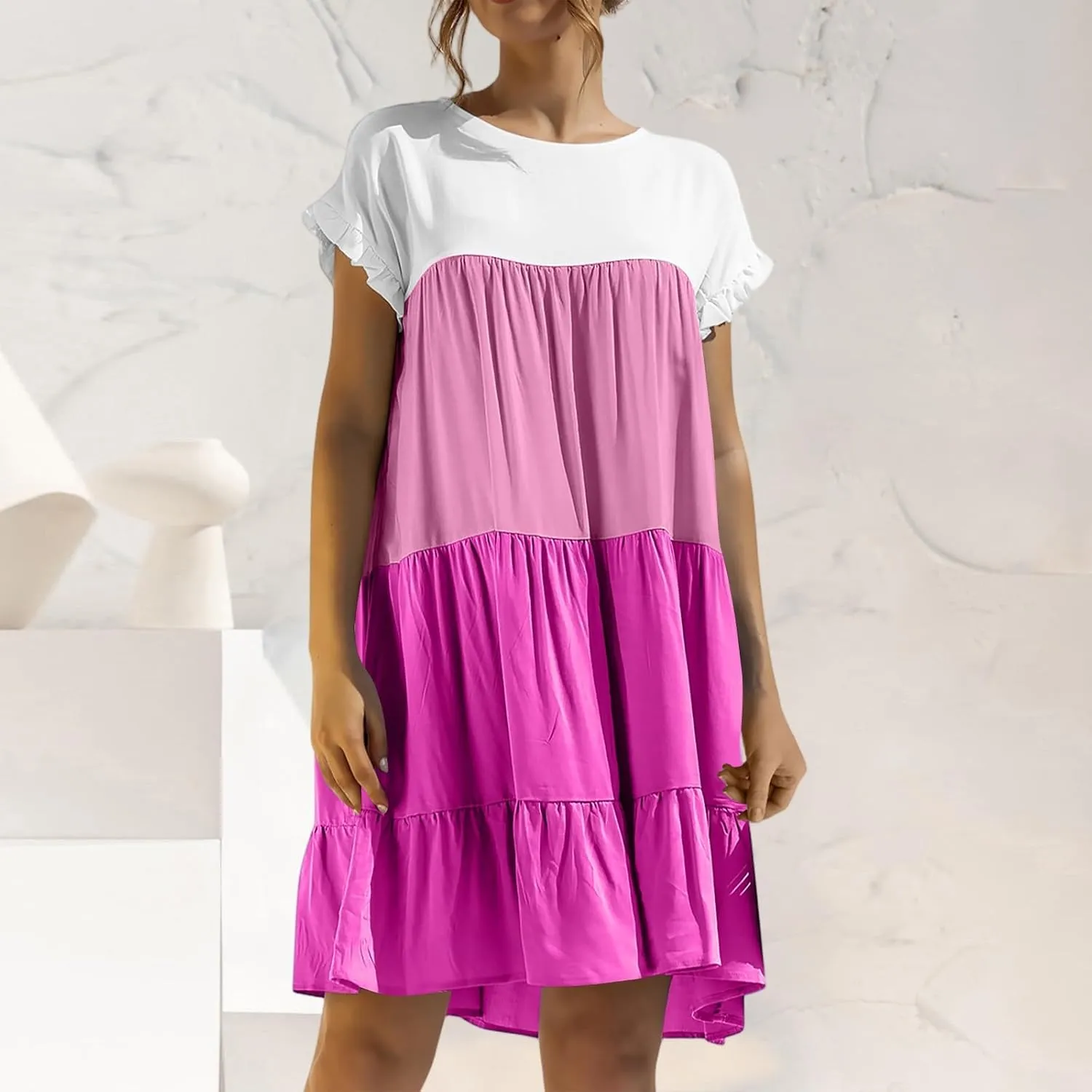 Summer Dresses for Women 2025 Casual Fashion Round Neck Short Sleeve Solid Color Splicing T Shirt Dress