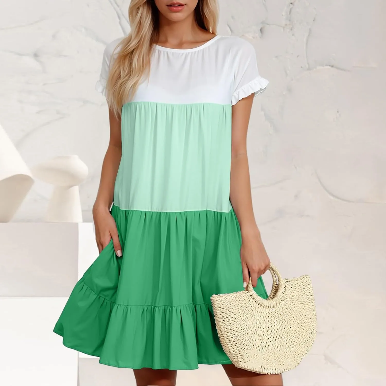 Summer Dresses for Women 2025 Casual Fashion Round Neck Short Sleeve Solid Color Splicing T Shirt Dress