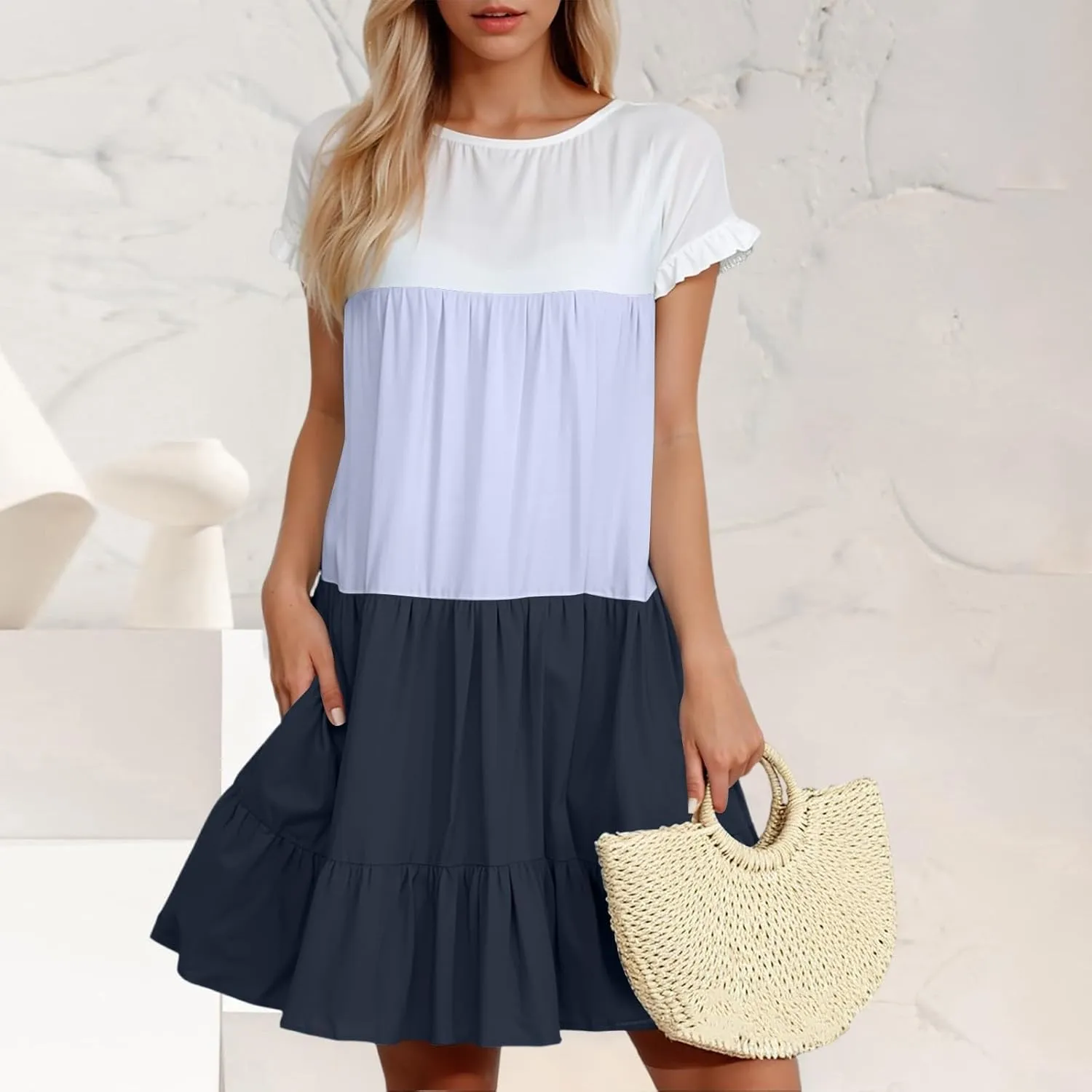 Summer Dresses for Women 2025 Casual Fashion Round Neck Short Sleeve Solid Color Splicing T Shirt Dress