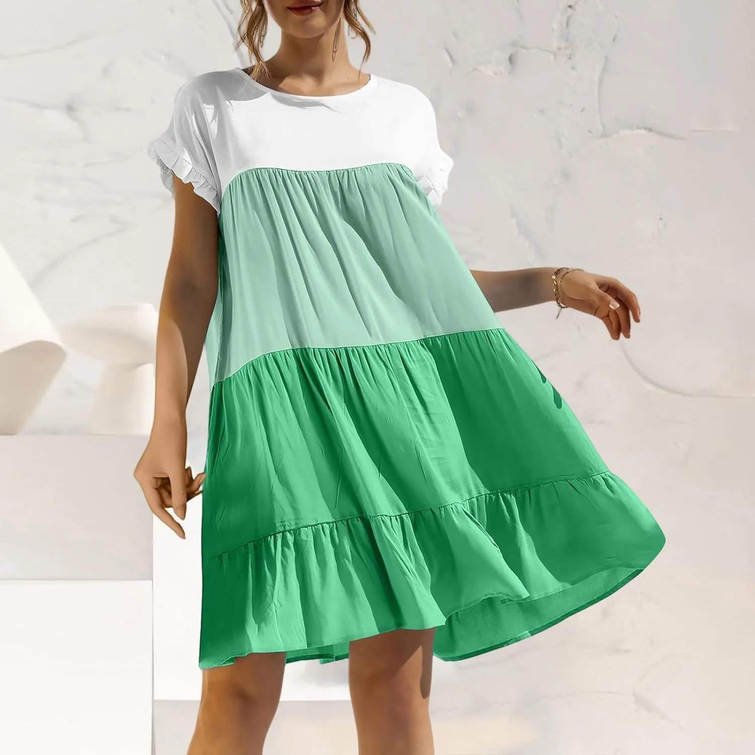 Summer Dresses for Women 2025 Casual Fashion Round Neck Short Sleeve Solid Color Splicing T Shirt Dress