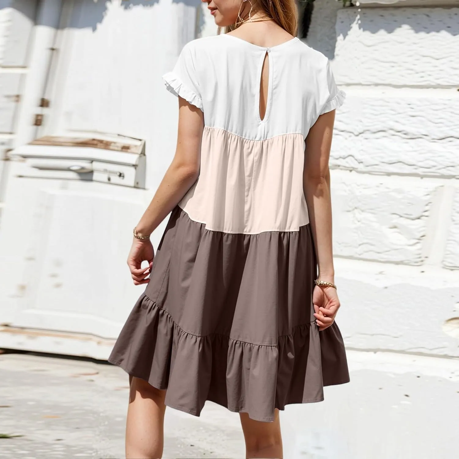 Summer Dresses for Women 2025 Casual Fashion Round Neck Short Sleeve Solid Color Splicing T Shirt Dress