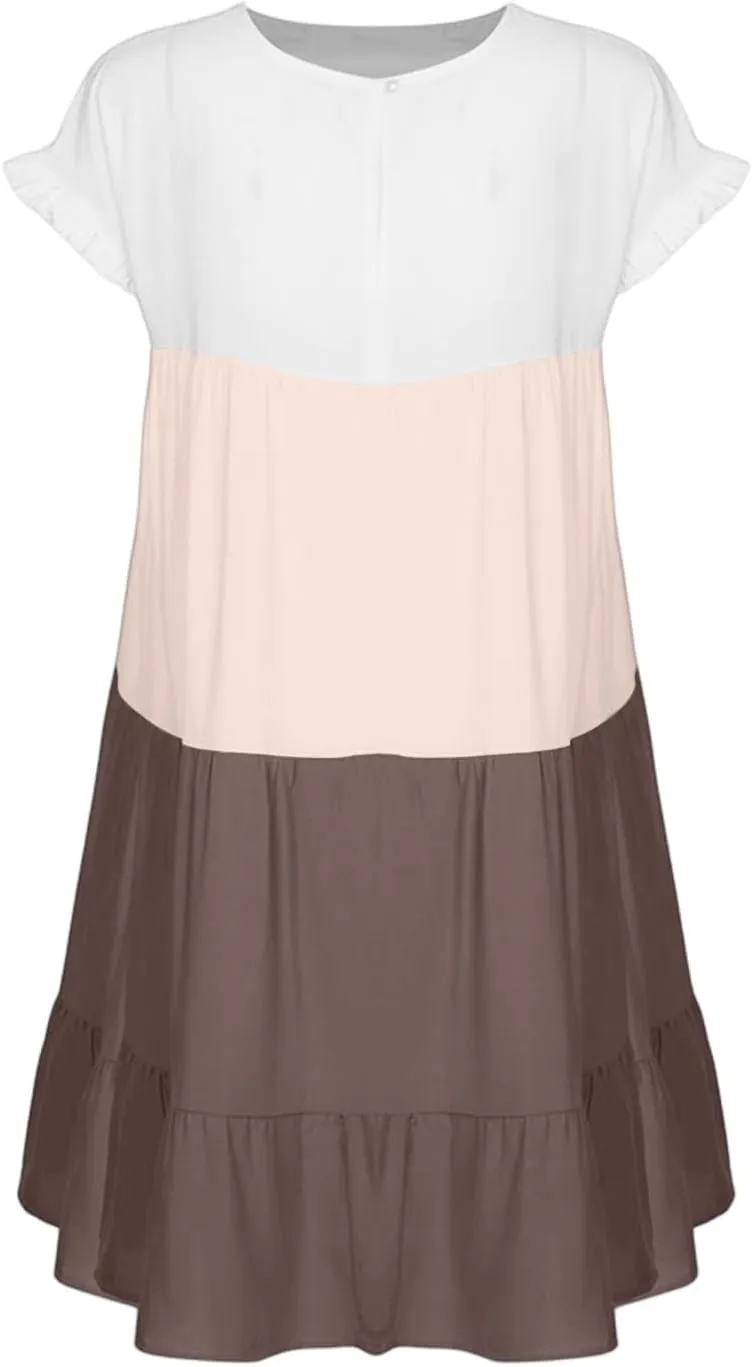 Summer Dresses for Women 2025 Casual Fashion Round Neck Short Sleeve Solid Color Splicing T Shirt Dress