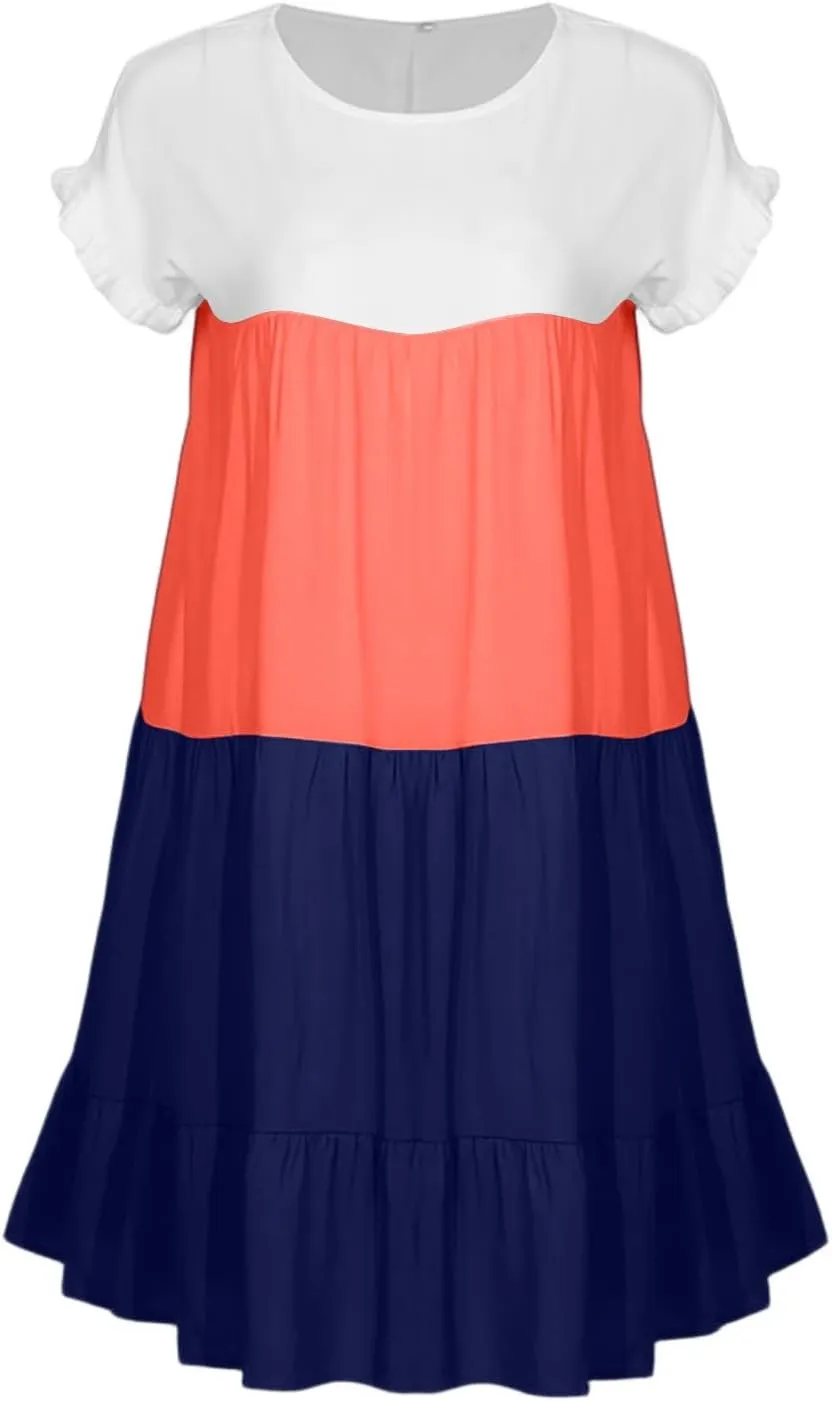 Summer Dresses for Women 2025 Casual Fashion Round Neck Short Sleeve Solid Color Splicing T Shirt Dress