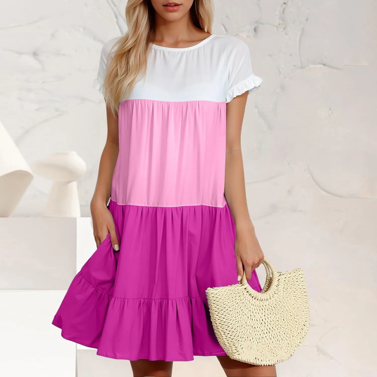 Summer Dresses for Women 2025 Casual Fashion Round Neck Short Sleeve Solid Color Splicing T Shirt Dress