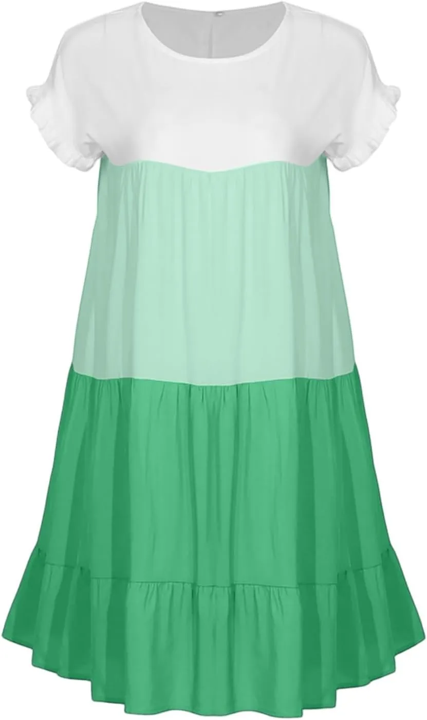 Summer Dresses for Women 2025 Casual Fashion Round Neck Short Sleeve Solid Color Splicing T Shirt Dress