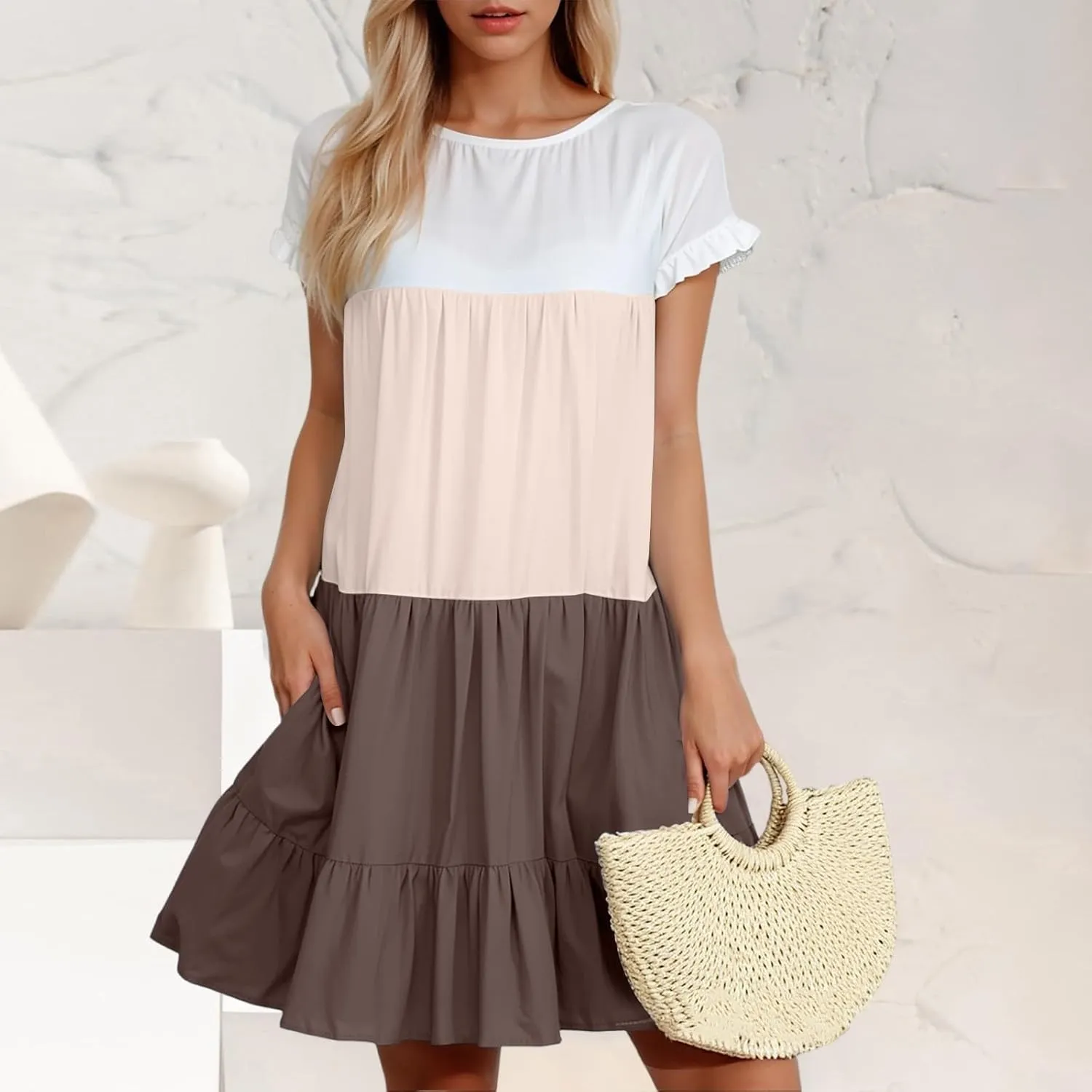 Summer Dresses for Women 2025 Casual Fashion Round Neck Short Sleeve Solid Color Splicing T Shirt Dress