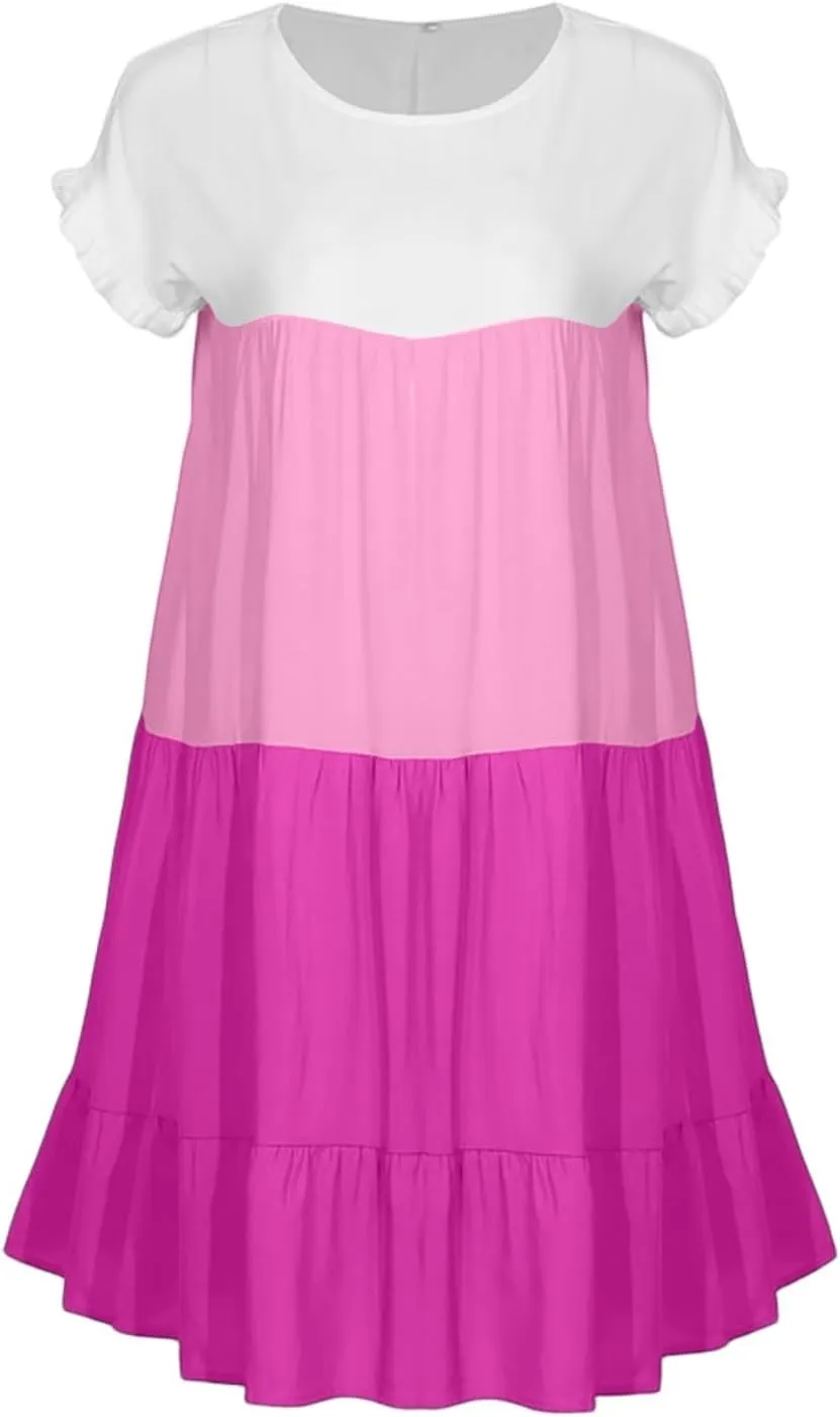 Summer Dresses for Women 2025 Casual Fashion Round Neck Short Sleeve Solid Color Splicing T Shirt Dress