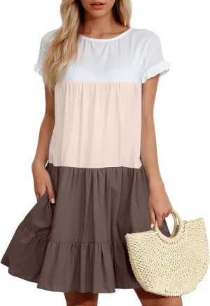 Summer Dresses for Women 2025 Casual Fashion Round Neck Short Sleeve Solid Color Splicing T Shirt Dress