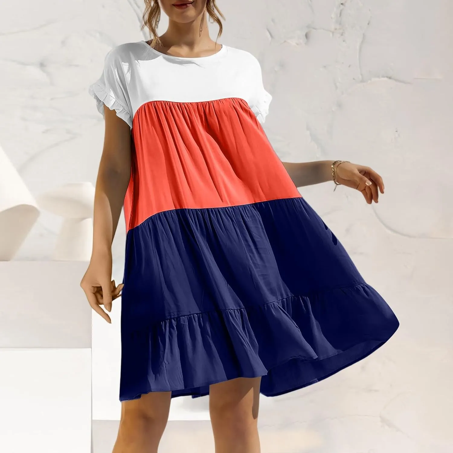 Summer Dresses for Women 2025 Casual Fashion Round Neck Short Sleeve Solid Color Splicing T Shirt Dress