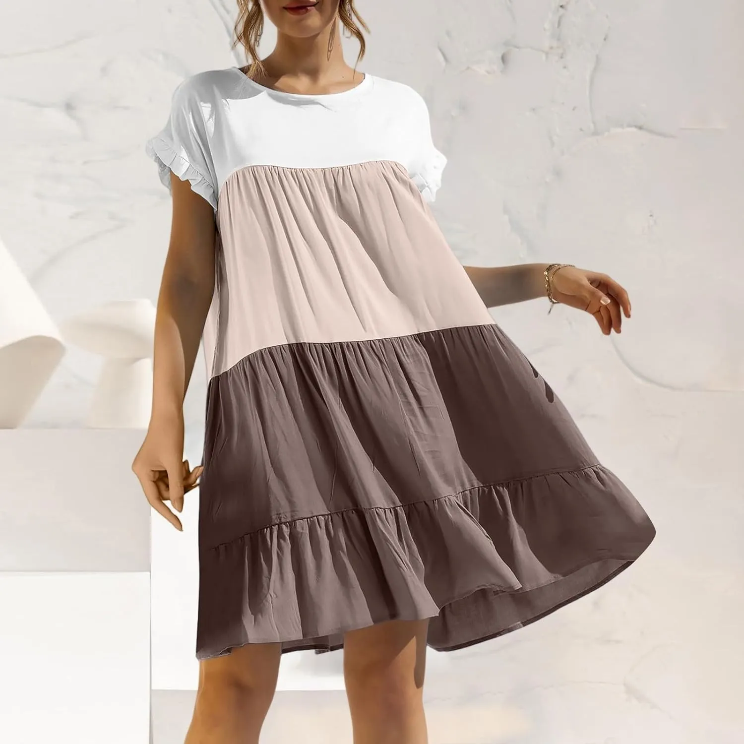 Summer Dresses for Women 2025 Casual Fashion Round Neck Short Sleeve Solid Color Splicing T Shirt Dress