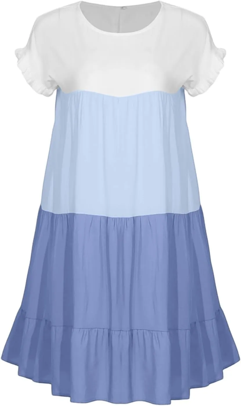 Summer Dresses for Women 2025 Casual Fashion Round Neck Short Sleeve Solid Color Splicing T Shirt Dress