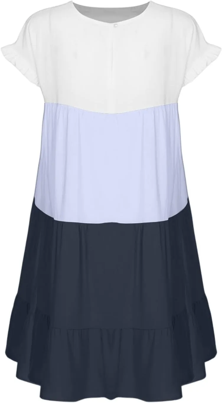 Summer Dresses for Women 2025 Casual Fashion Round Neck Short Sleeve Solid Color Splicing T Shirt Dress