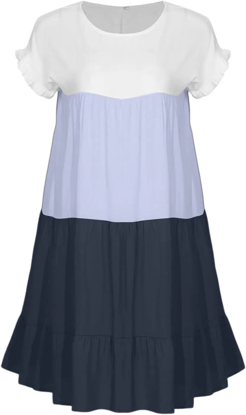 Summer Dresses for Women 2025 Casual Fashion Round Neck Short Sleeve Solid Color Splicing T Shirt Dress