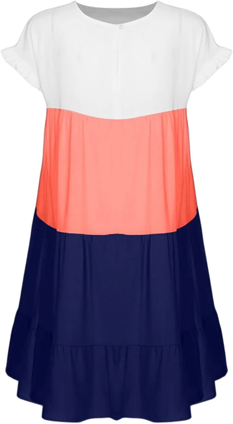 Summer Dresses for Women 2025 Casual Fashion Round Neck Short Sleeve Solid Color Splicing T Shirt Dress