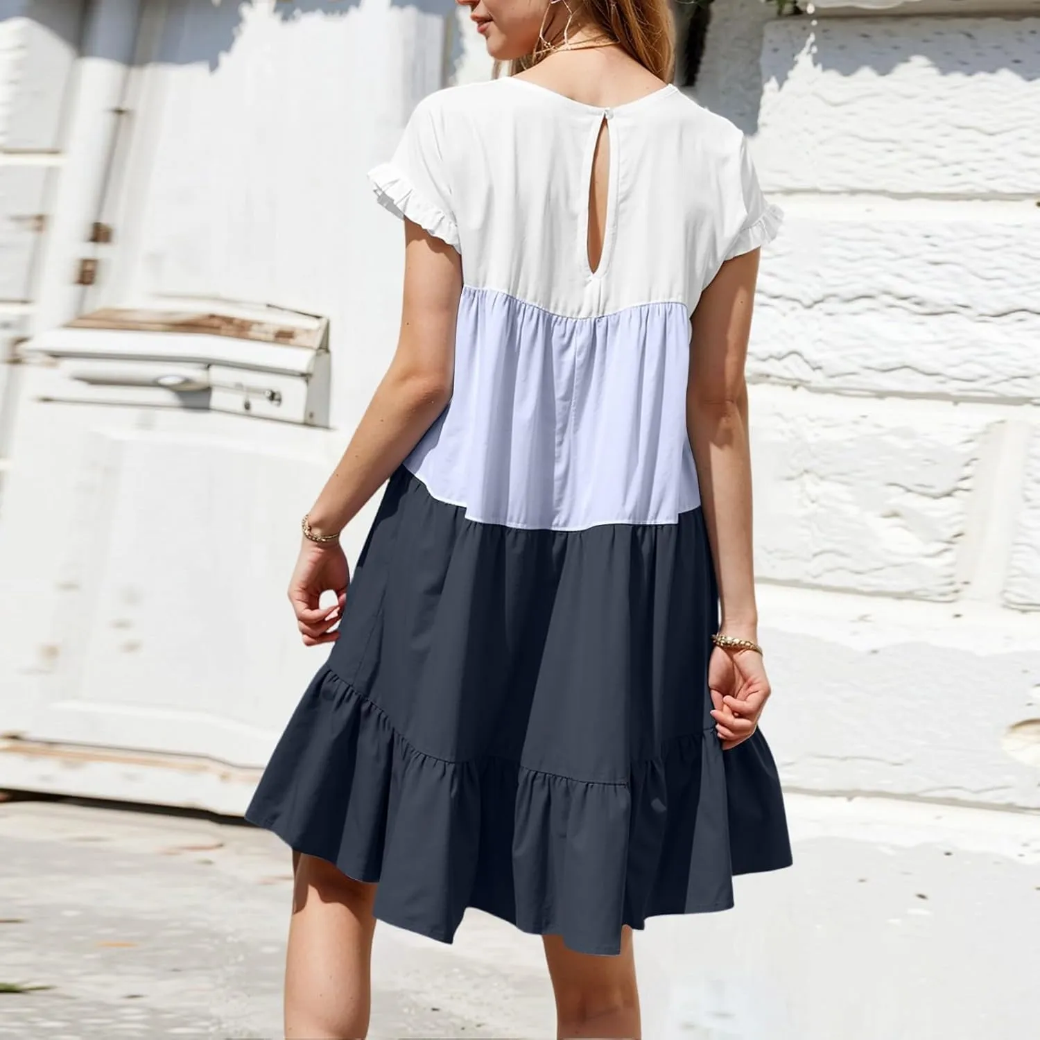 Summer Dresses for Women 2025 Casual Fashion Round Neck Short Sleeve Solid Color Splicing T Shirt Dress