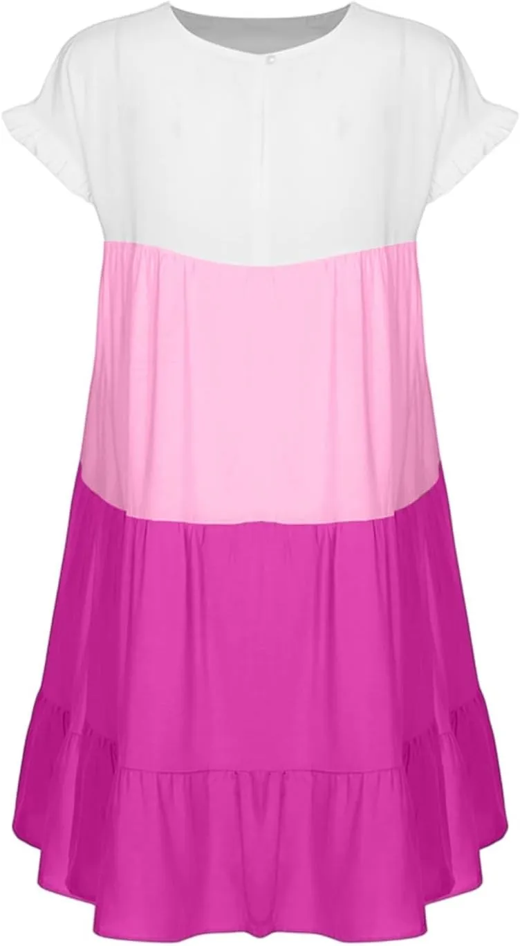 Summer Dresses for Women 2025 Casual Fashion Round Neck Short Sleeve Solid Color Splicing T Shirt Dress