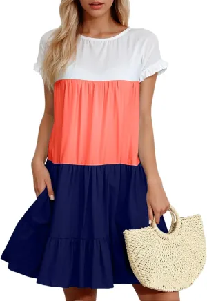 Summer Dresses for Women 2025 Casual Fashion Round Neck Short Sleeve Solid Color Splicing T Shirt Dress